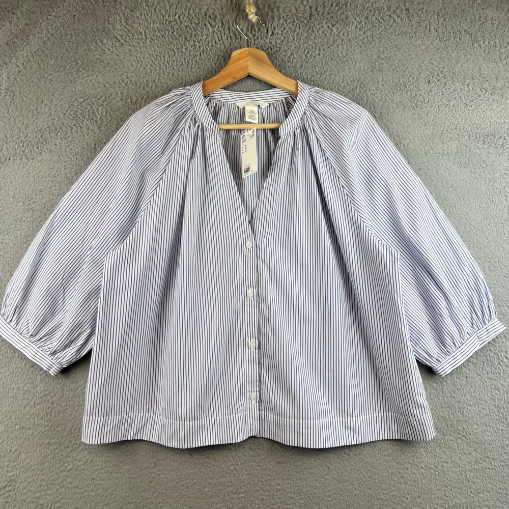 New HM Women Blue Striped Button Down Blouse V-Neck 3/4 Puff Sleeve Size M